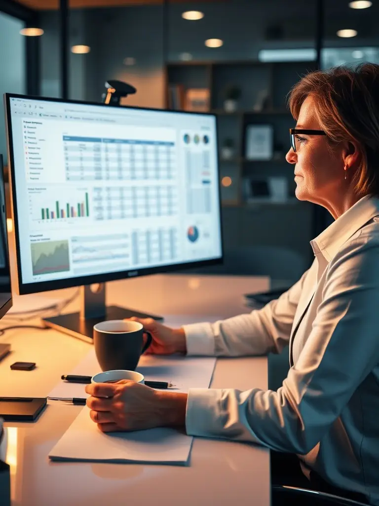 A professional accountant reviewing financial documents in a modern office setting, emphasizing accuracy and attention to detail.