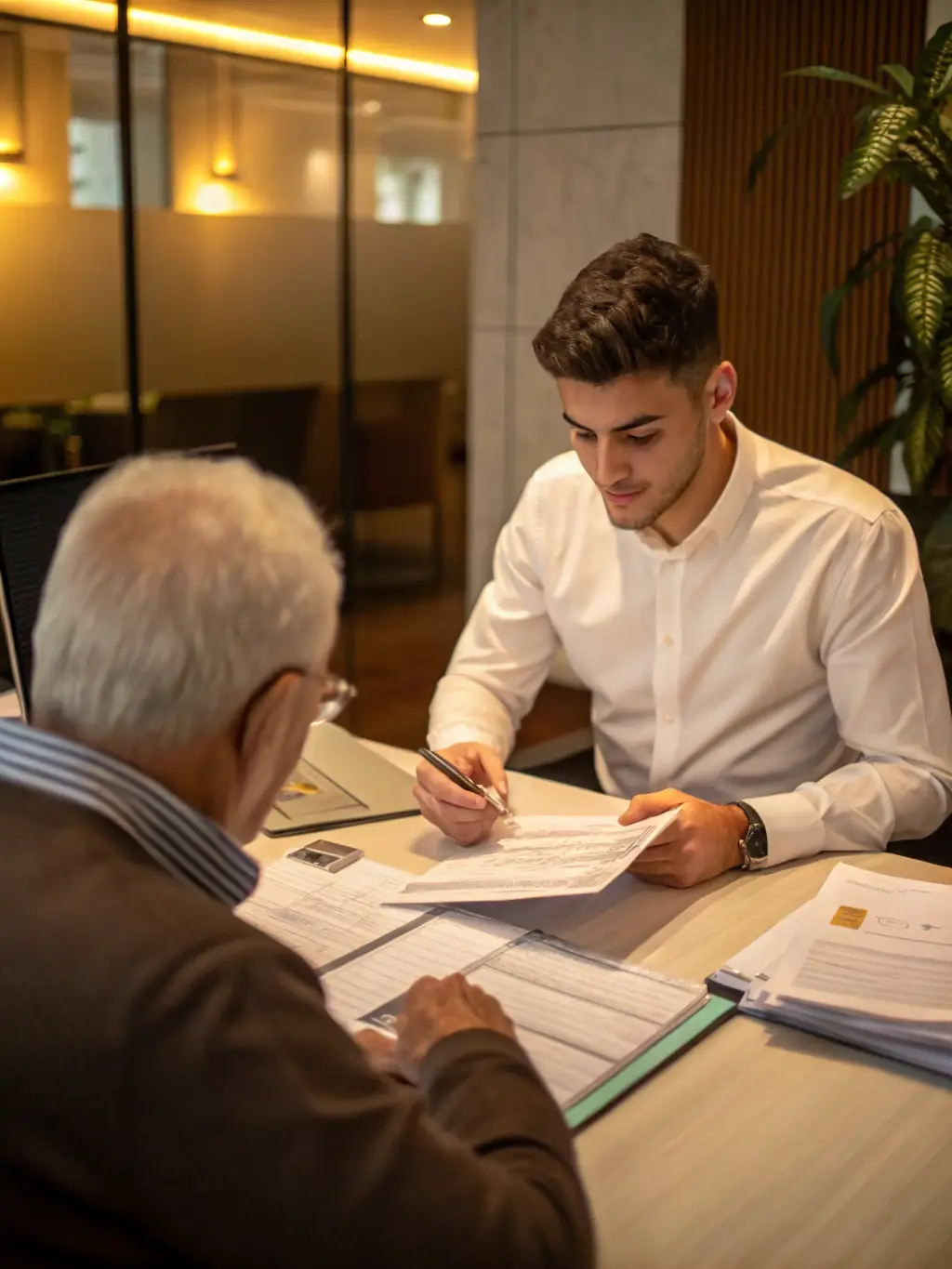 A professional accountant advising a client in a well-lit office, conveying trust and personalized service in tax preparation.
