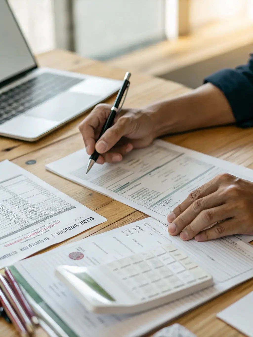 A close-up shot of a person meticulously organizing tax documents, highlighting attention to detail and accuracy in tax preparation.