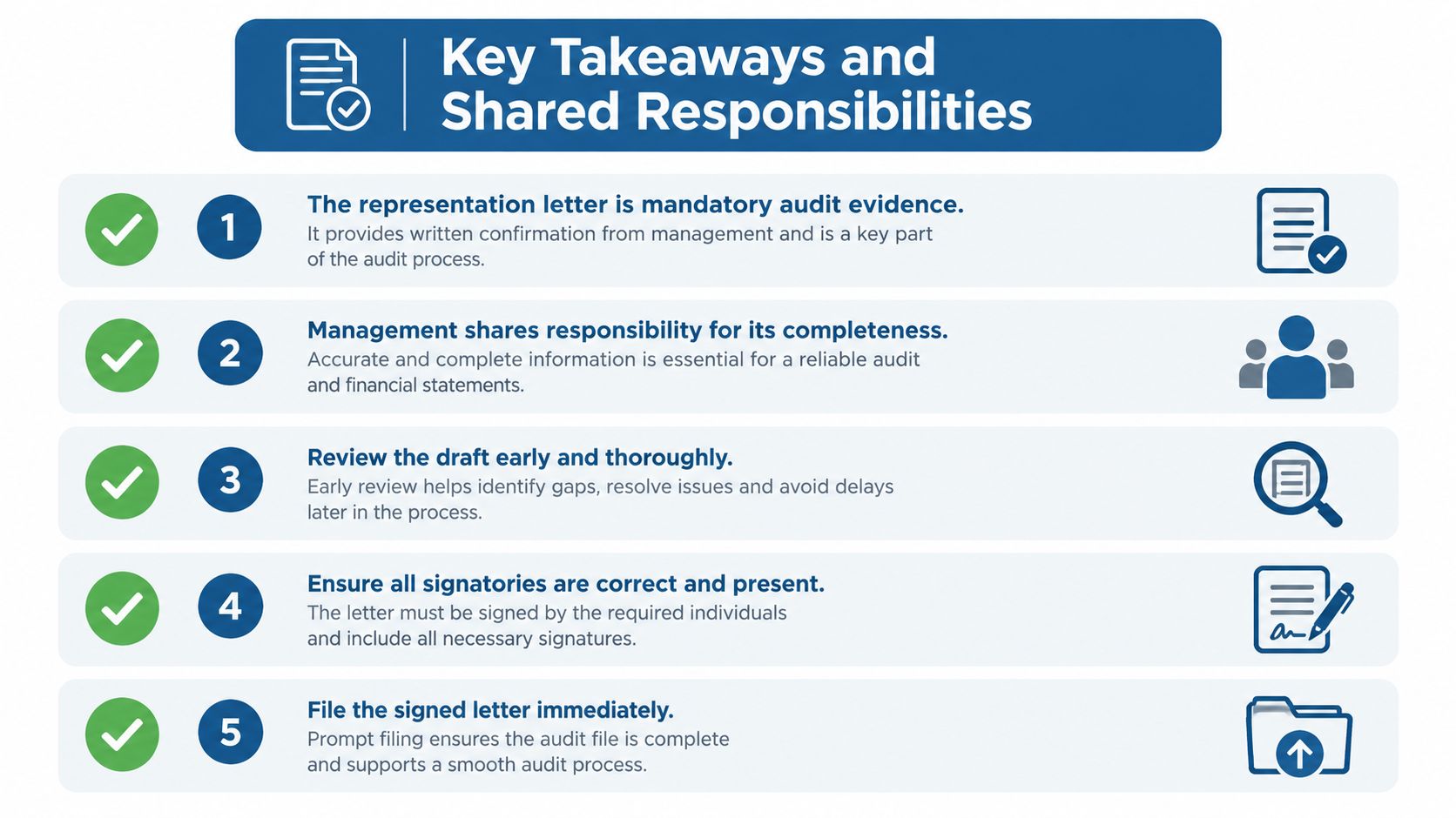 An infographic titled Key Takeaways and Shared Responsibilities outlining five steps for managing the auditor representation letter.