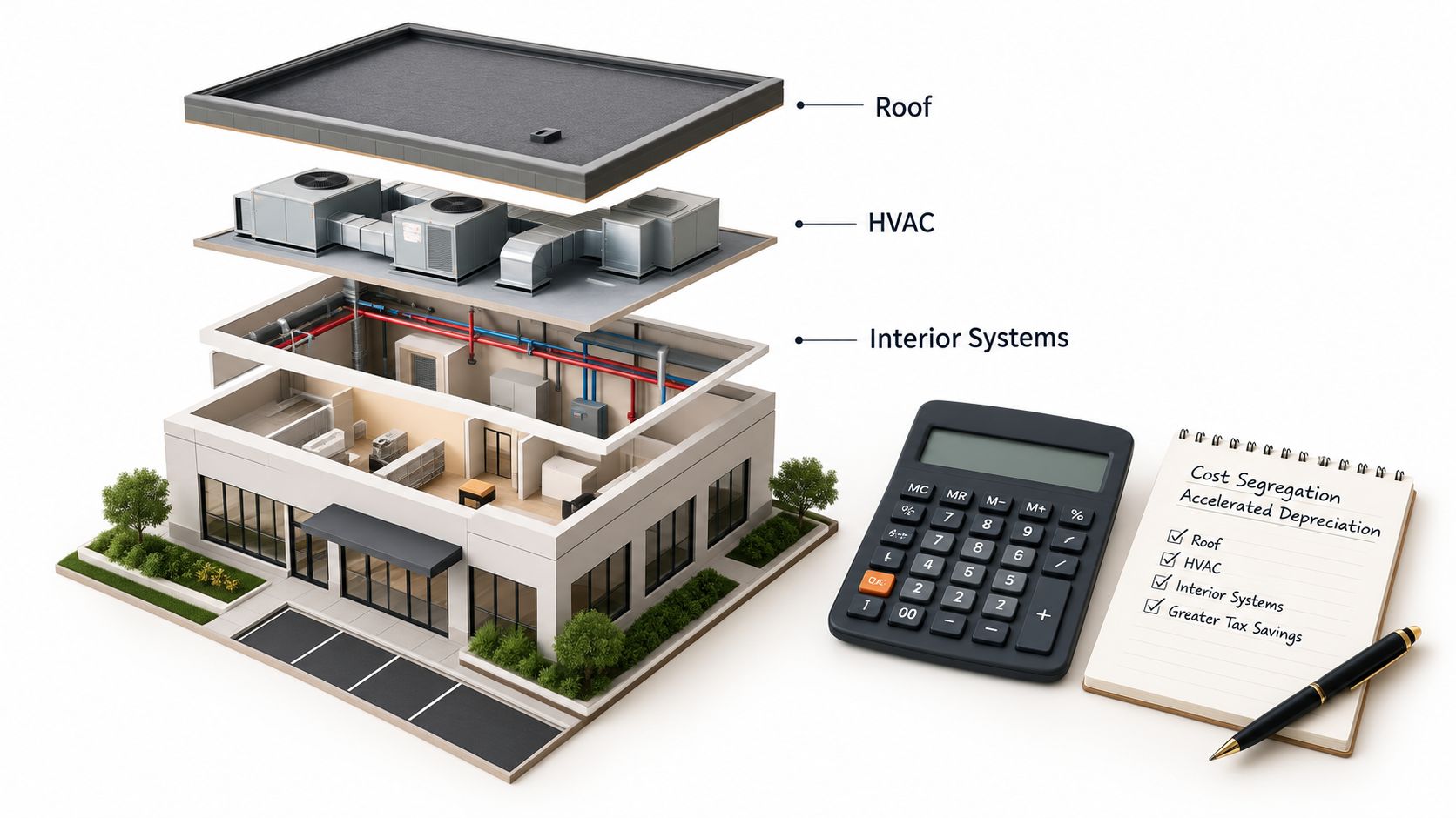 A 3D model of a commercial building with exploded layers showing roof, HVAC, and interior systems beside a calculator.