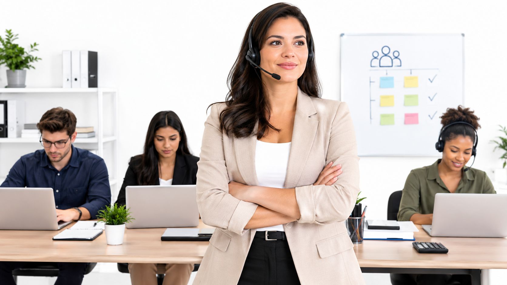 A professional customer service representative standing with arms crossed in a busy, modern office workspace.