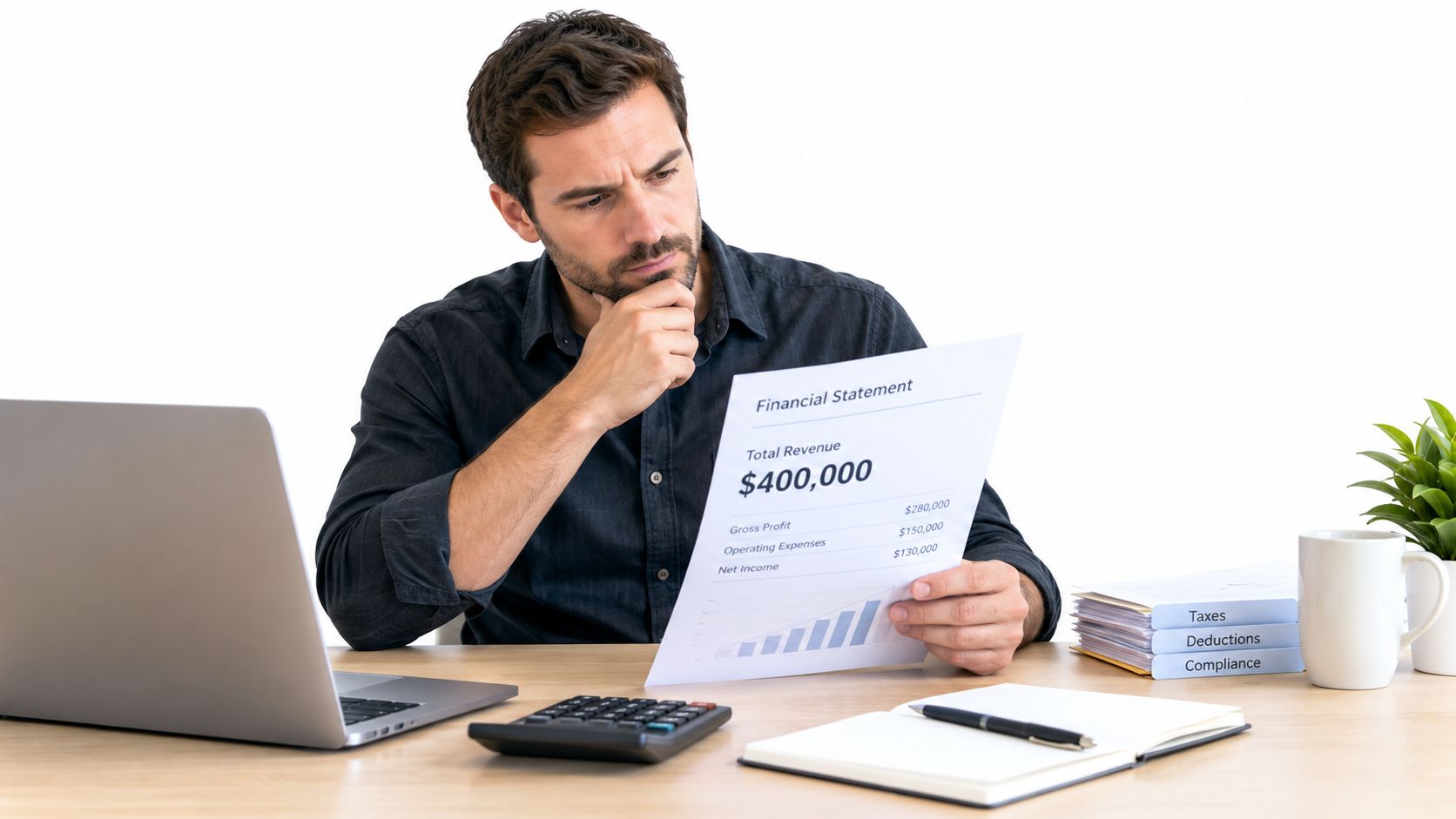 A professional man analyzing a financial statement at a desk with a laptop, calculator, and documents.