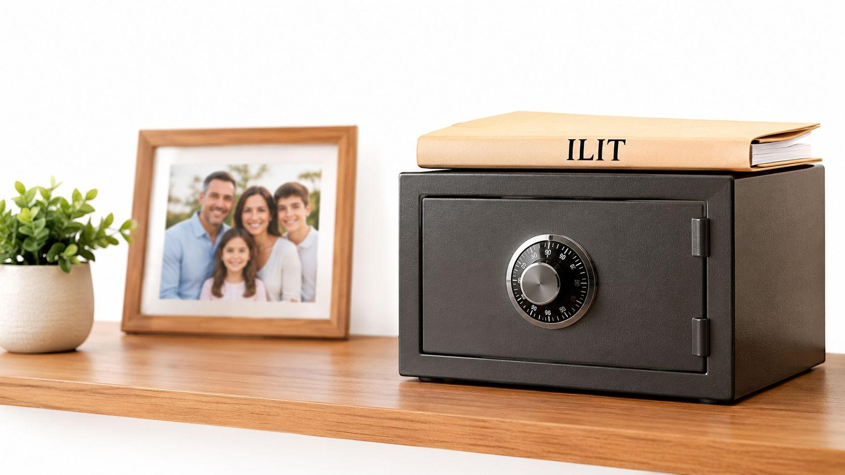 A small black metal safe with an ILIT file folder on top, sitting on a wooden shelf.