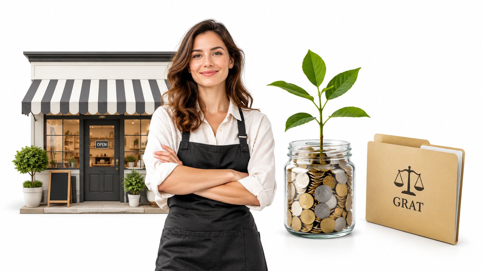 A professional woman in an apron standing beside a small storefront, a coin-filled glass jar, and a folder.
