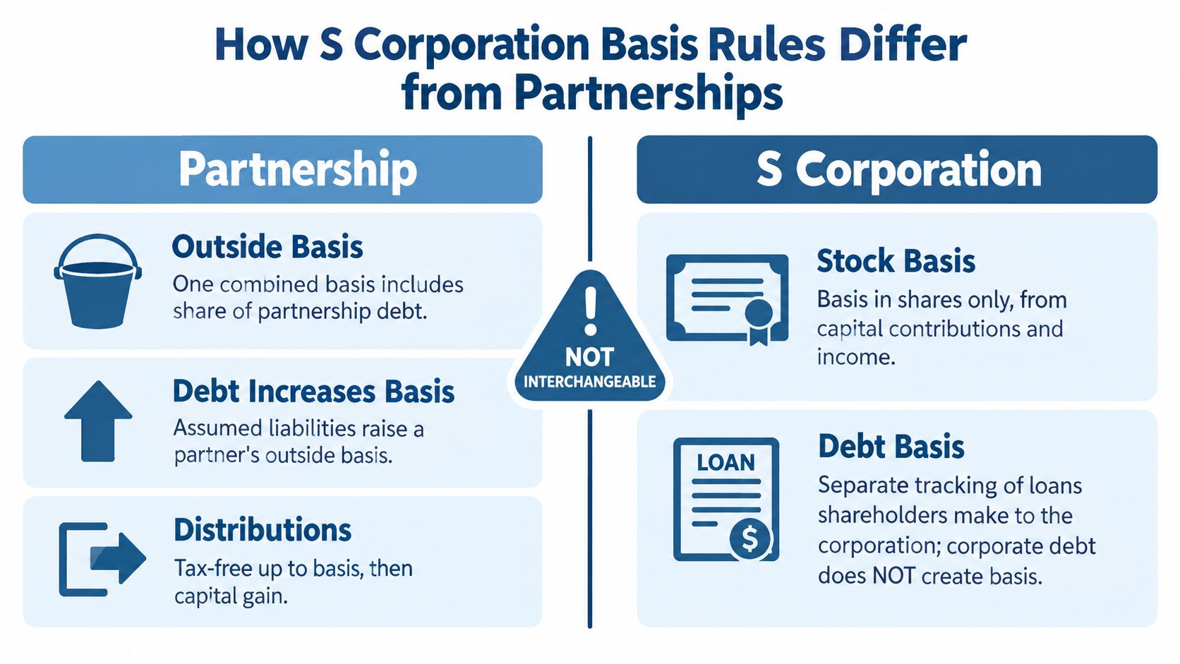 A comparison chart outlining the key differences between partnership and S Corporation basis rules regarding debt and stock.