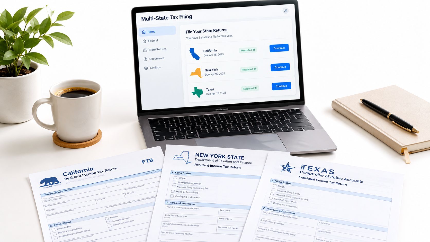 Laptop displaying a multi-state tax filing dashboard with paper tax forms from California, New York, and Texas.