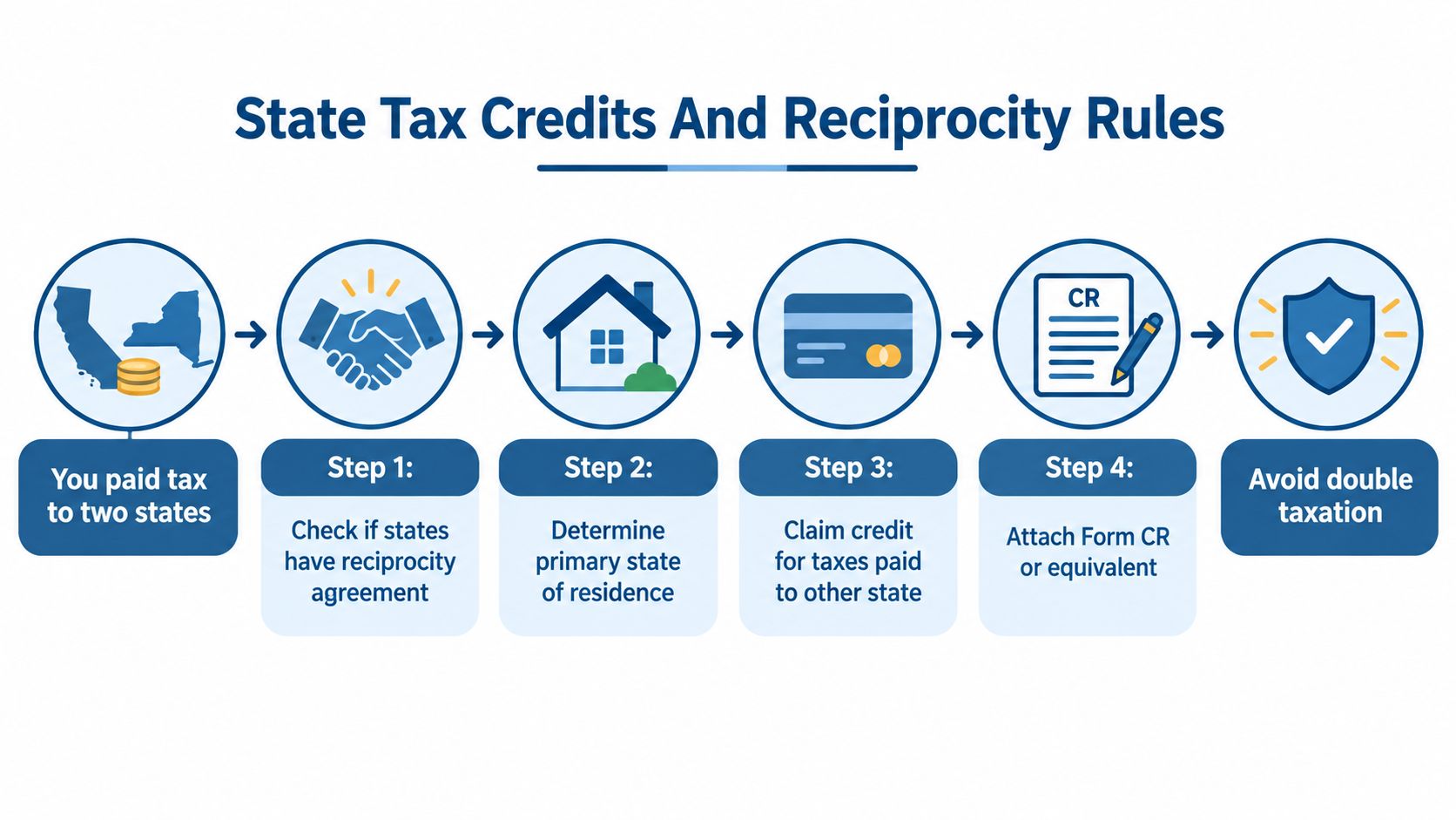 A flowchart explaining how to use state tax credits and reciprocity rules to avoid double taxation.