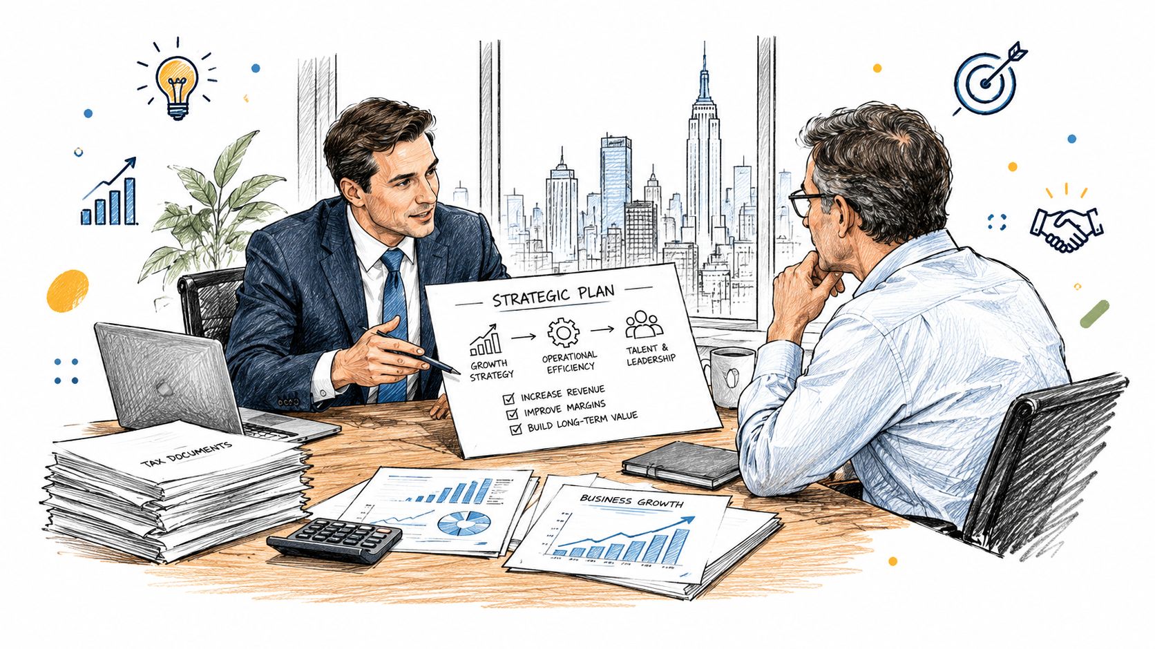 A professional consultant presenting a business strategy plan to a client in an office setting.