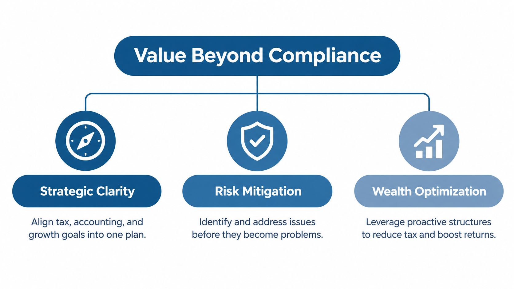 A diagram illustrating value beyond compliance through strategic clarity, risk mitigation, and wealth optimization professional services.
