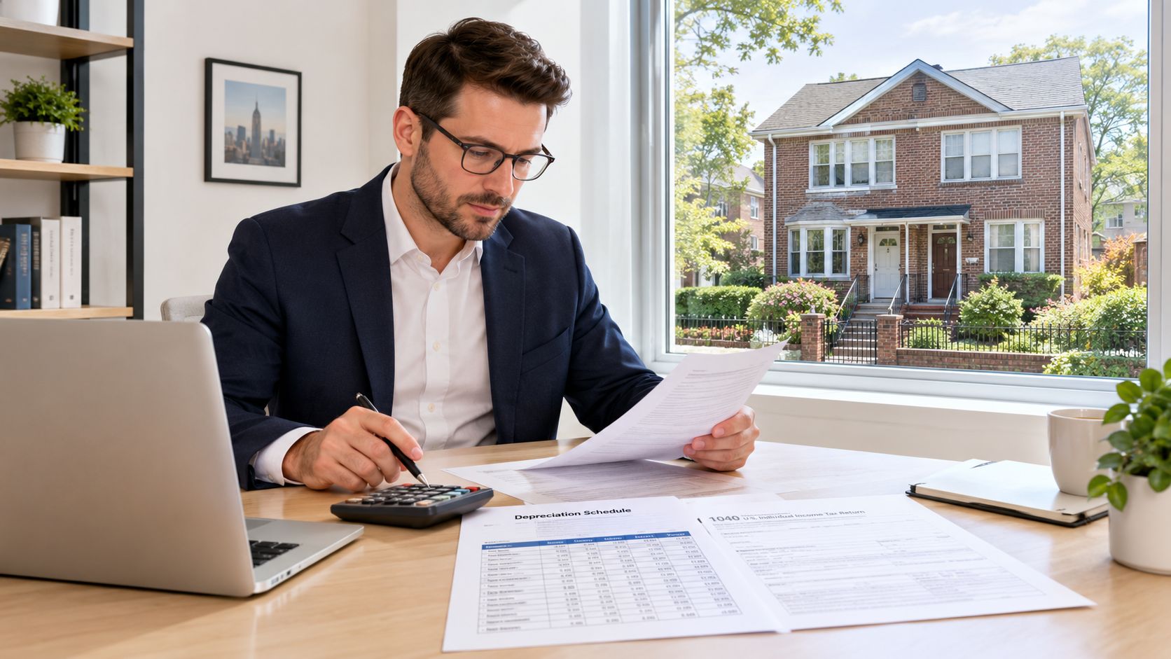 A professional man in a suit working on tax forms and depreciation schedules at his office desk.