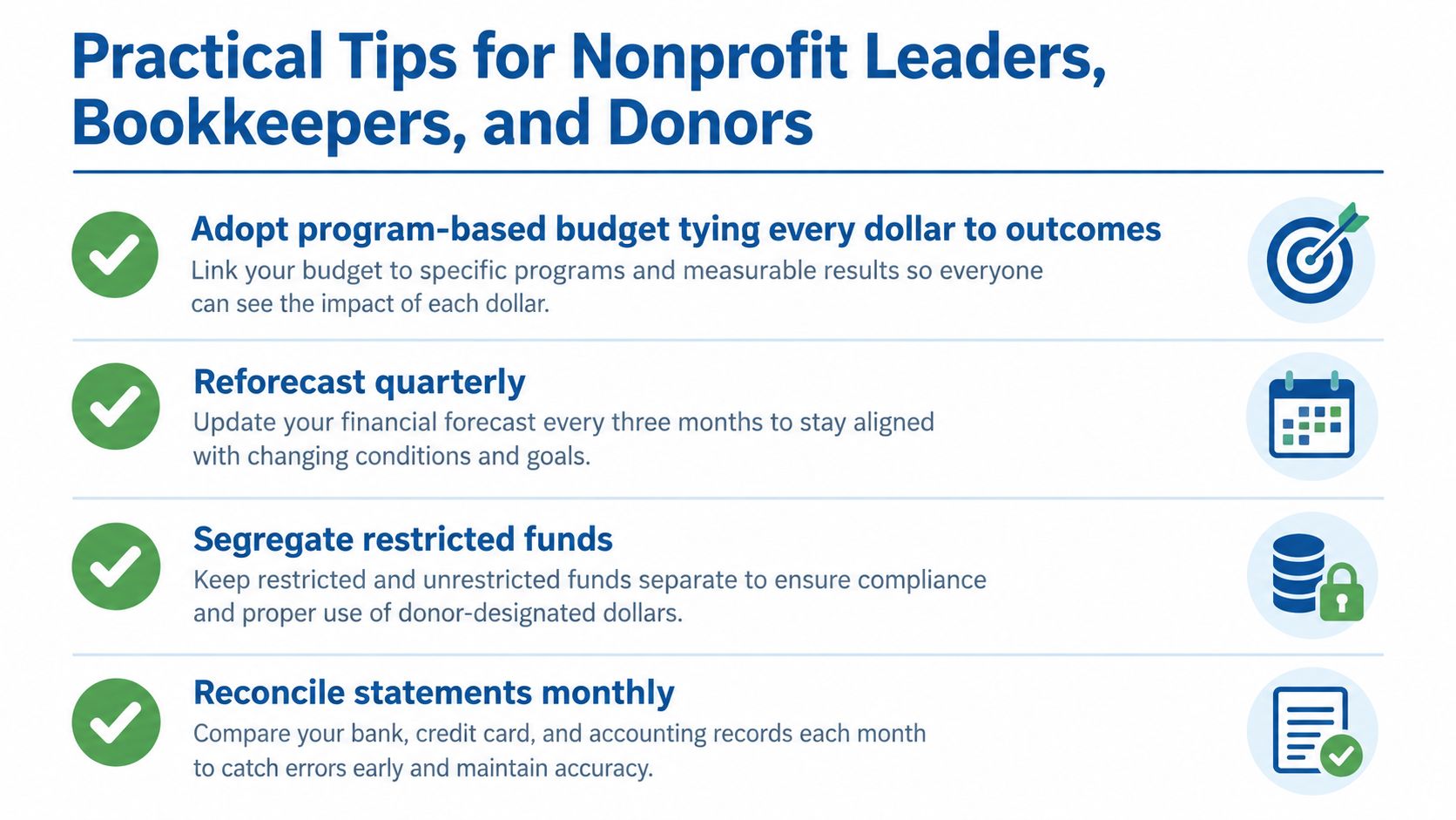 A list of four practical financial management tips for nonprofit leaders, bookkeepers, and donors displayed in a graphic.
