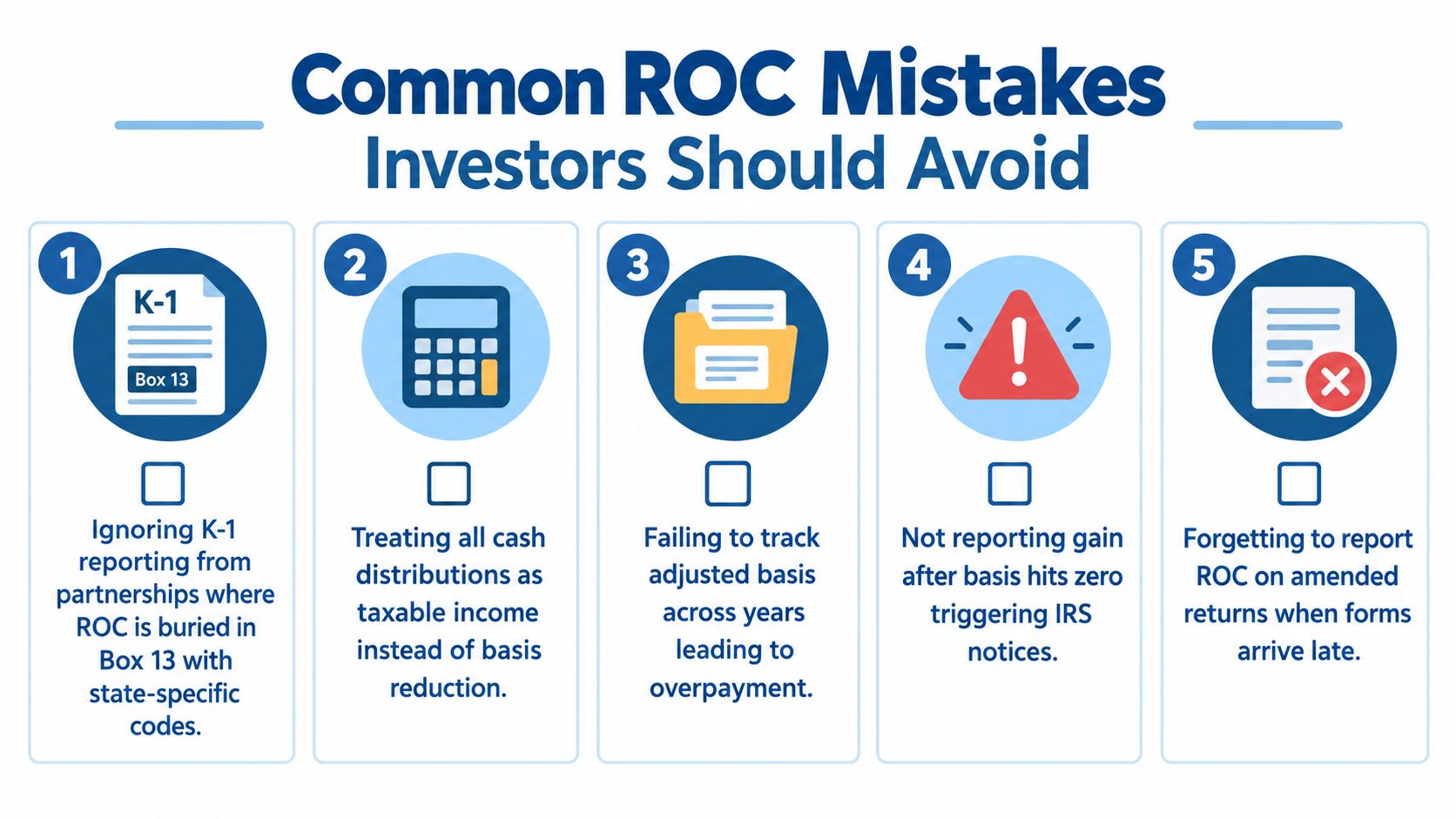 An infographic titled Common ROC Mistakes Investors Should Avoid listing five key errors regarding return of capital.
