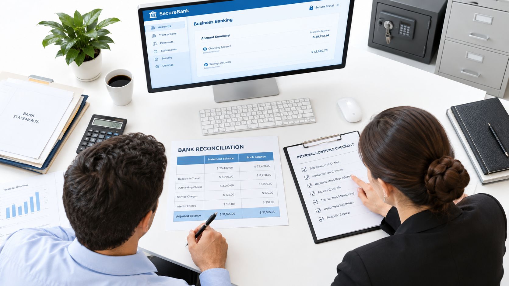 A professional man and woman working together on bank account reconciliation at an office desk.