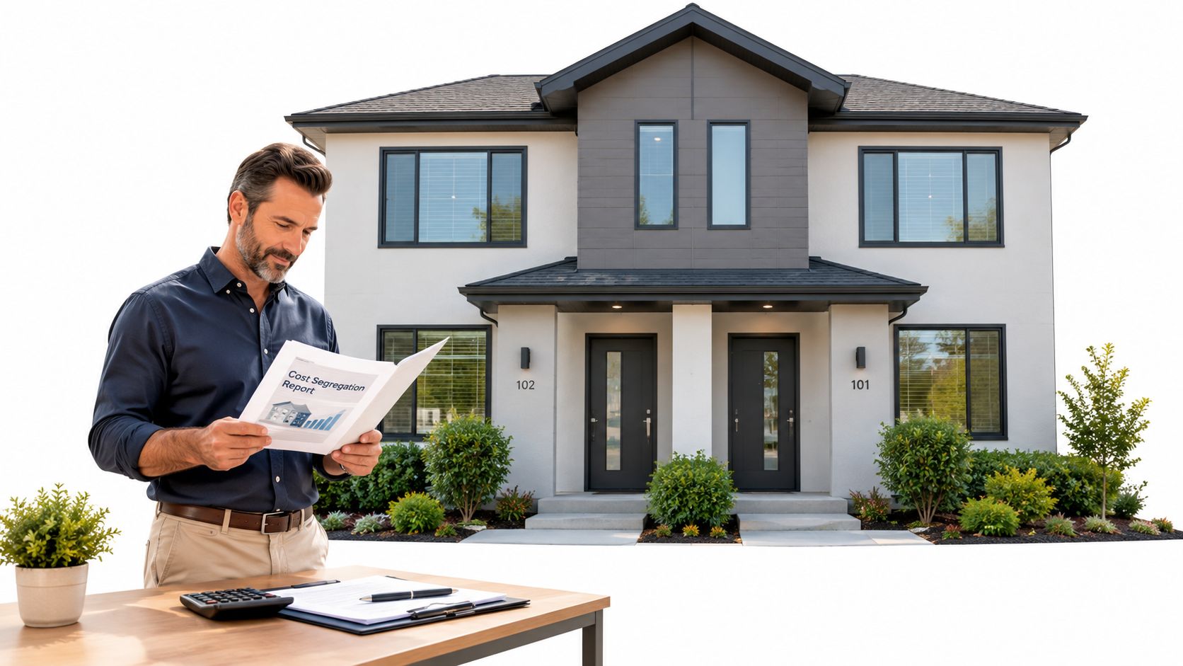 A professional man reviewing a cost segregation report in front of a modern duplex rental property.