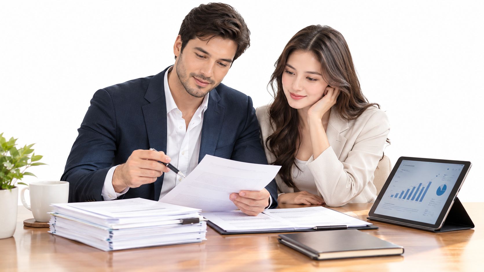 A professional man and woman reviewing financial documents together in a modern office setting.