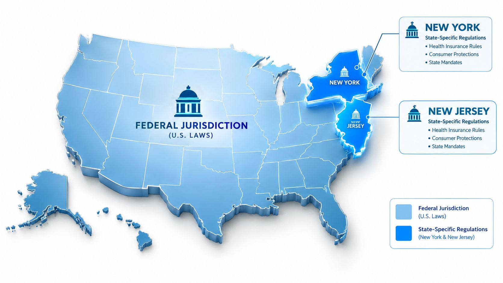 A map of the United States highlighting Federal jurisdiction versus state-specific health regulations in New York and New Jersey.