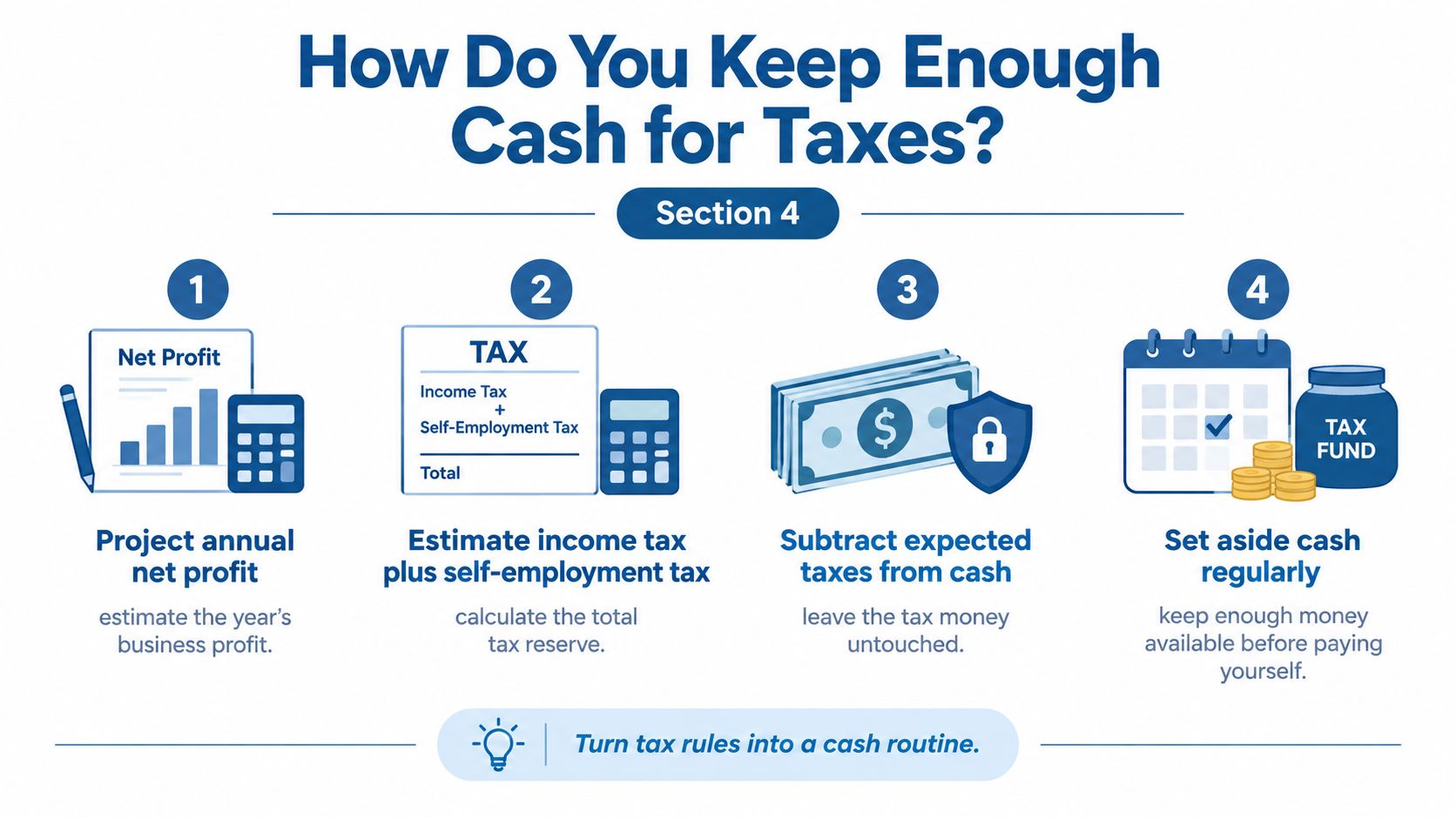 A four-step infographic illustrating how to manage and save cash for business taxes as a sole proprietor.