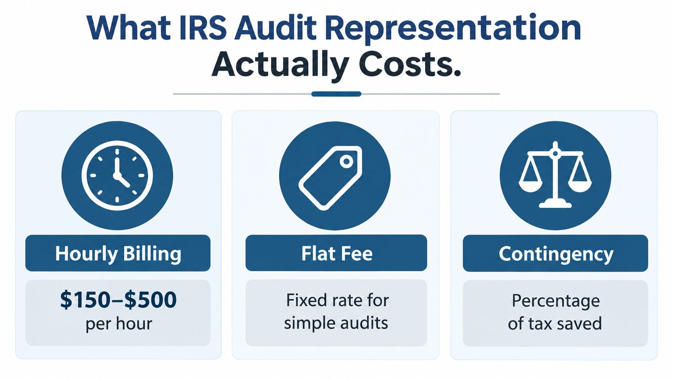 An infographic showing the three typical pricing models for IRS audit representation: hourly billing, flat fees, and contingency.