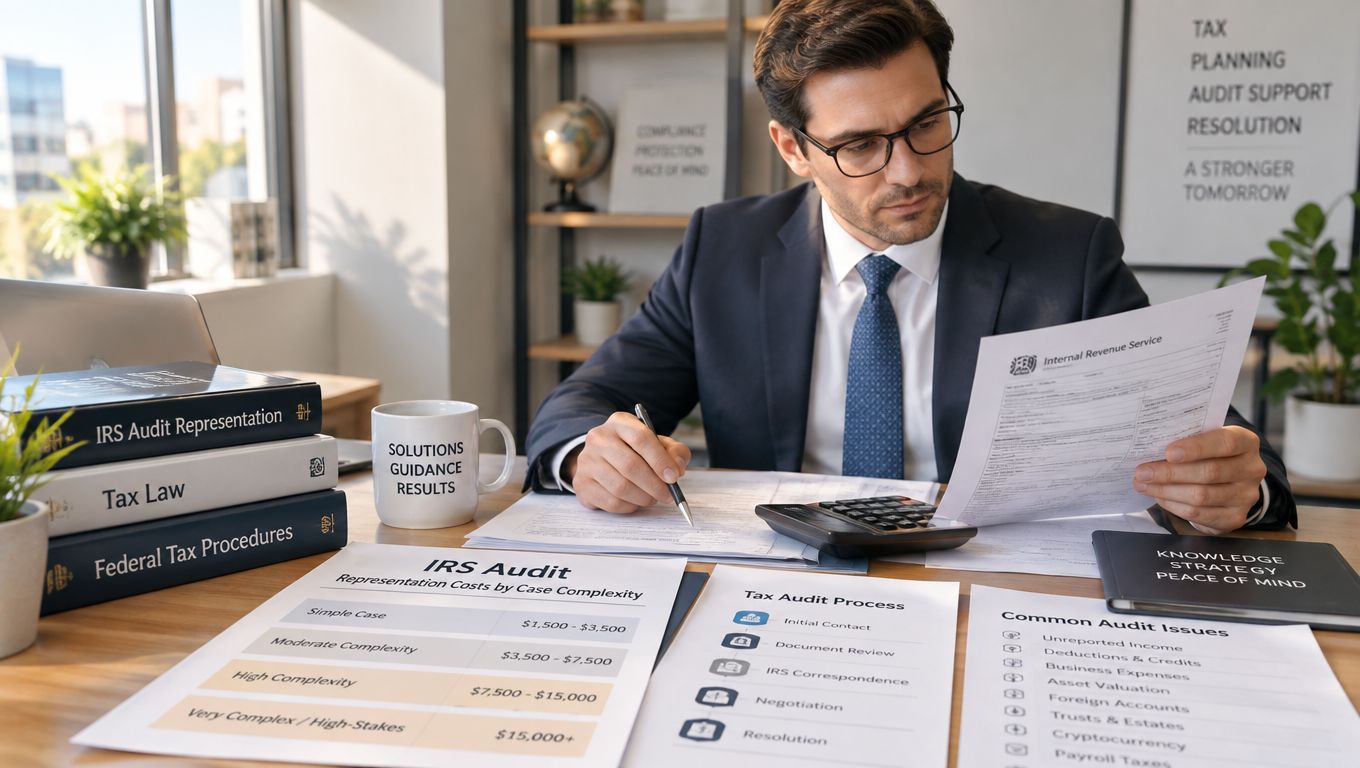 A professional tax expert sitting at a desk reviewing IRS audit documents and representation costs.