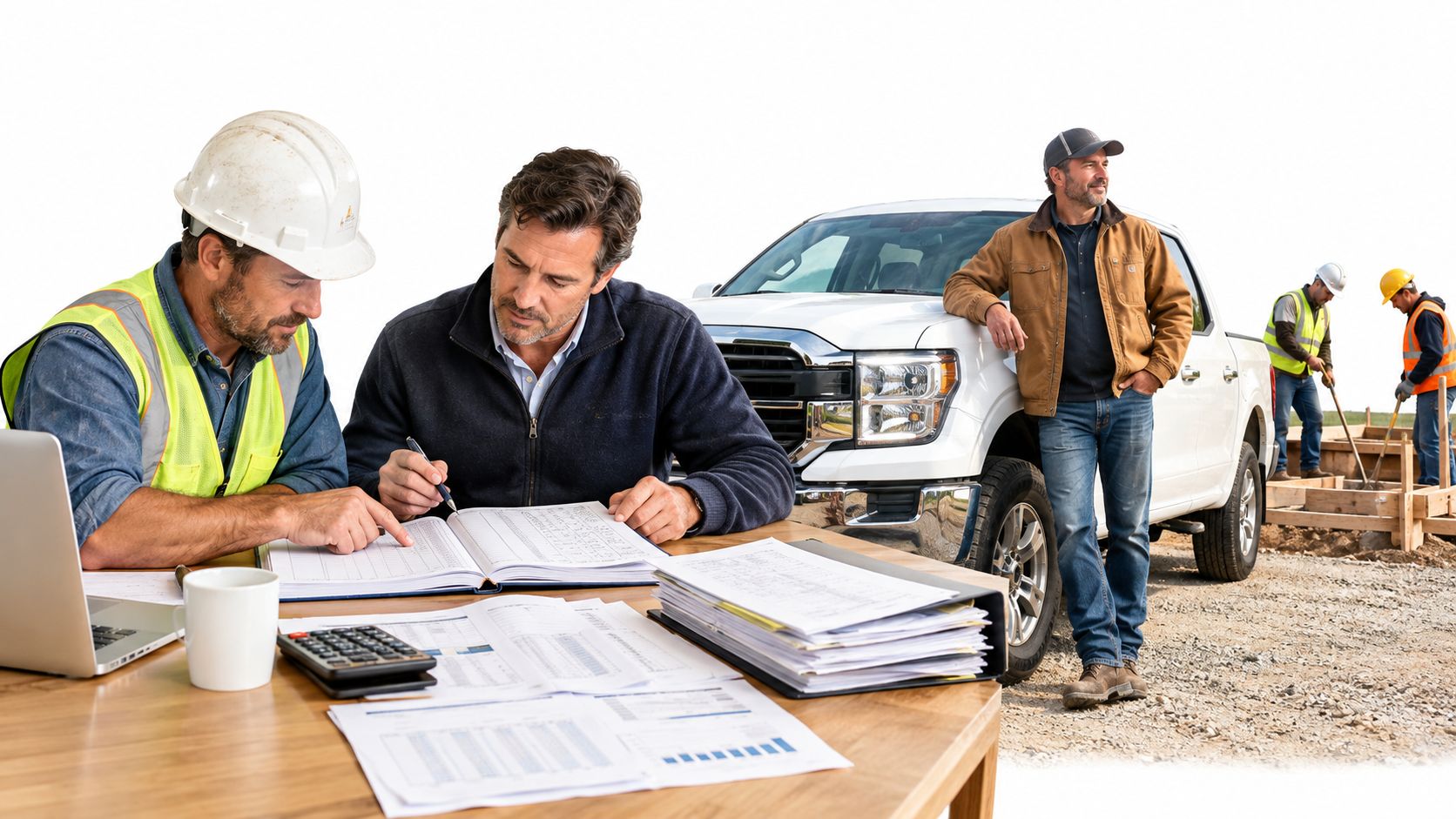 Construction managers reviewing financial documents and blueprints at a site with workers in the background.