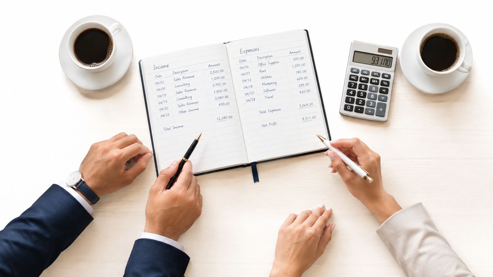 Two professionals working together on a desk with financial accounting notebooks, a calculator, and coffee cups.