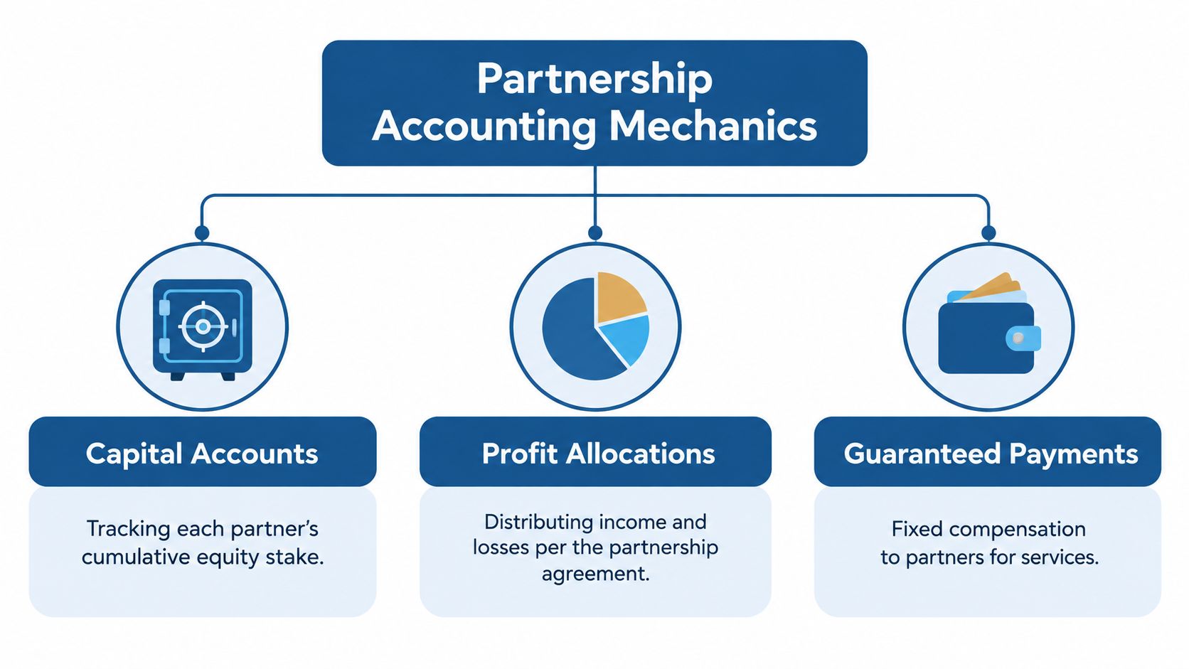 A diagram illustrating the three key pillars of partnership accounting: Capital Accounts, Profit Allocations, and Guaranteed Payments.