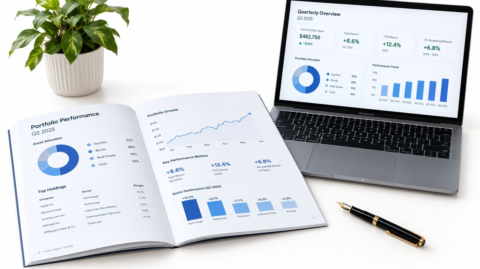 A professional desk setup featuring an open portfolio report, a laptop displaying financial charts, and a pen.