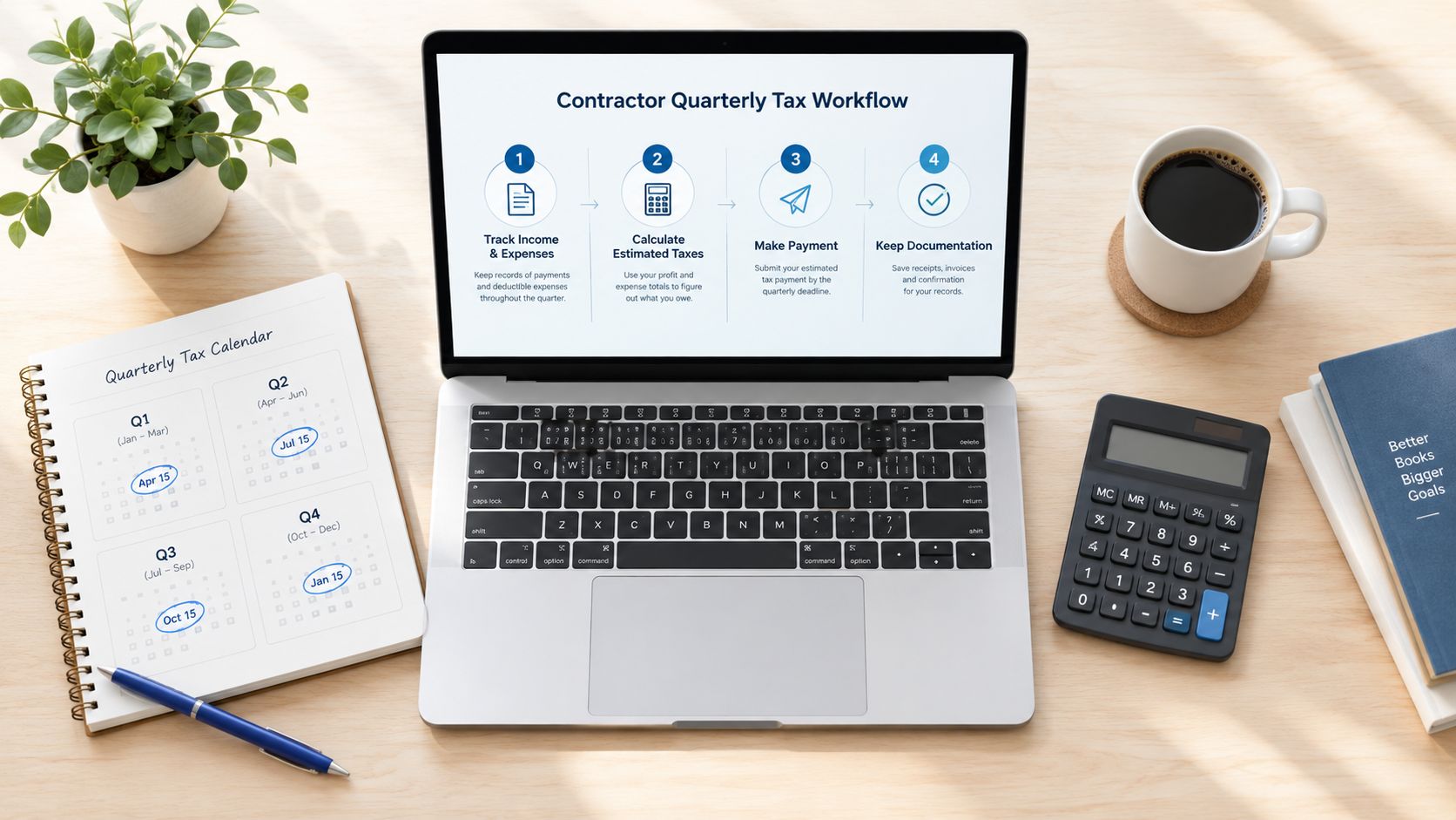 A top-down view of a workspace showing a laptop, tax calendar, calculator, and coffee for contractors.