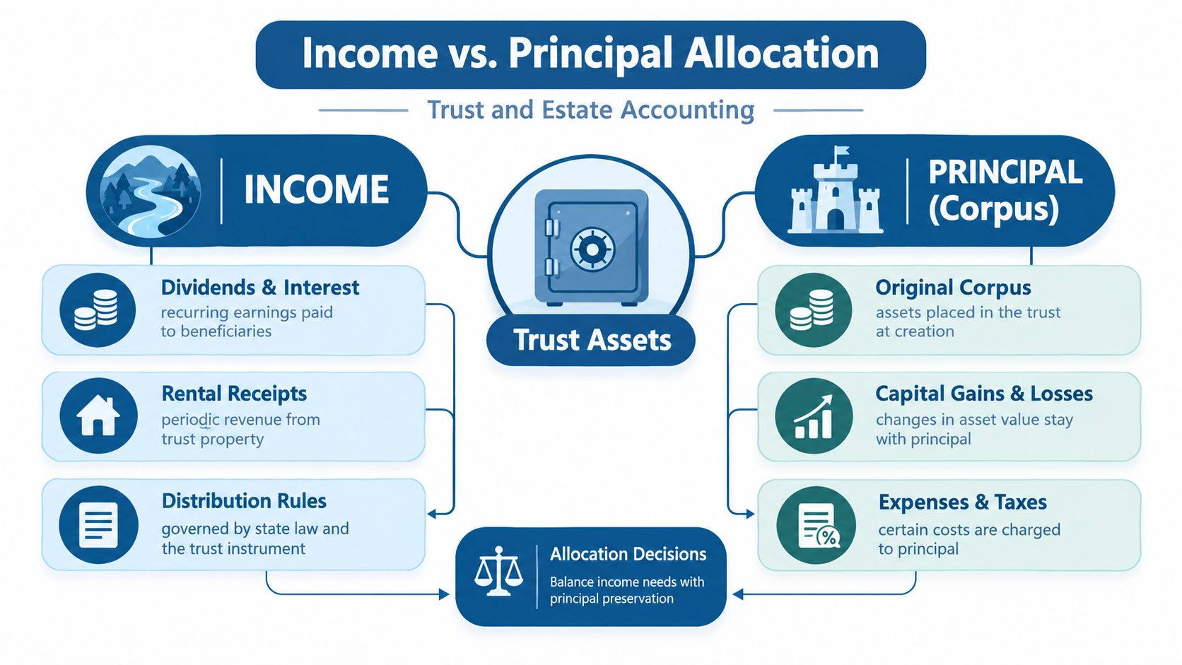 A diagram comparing income and principal allocation within the context of trust and estate accounting.