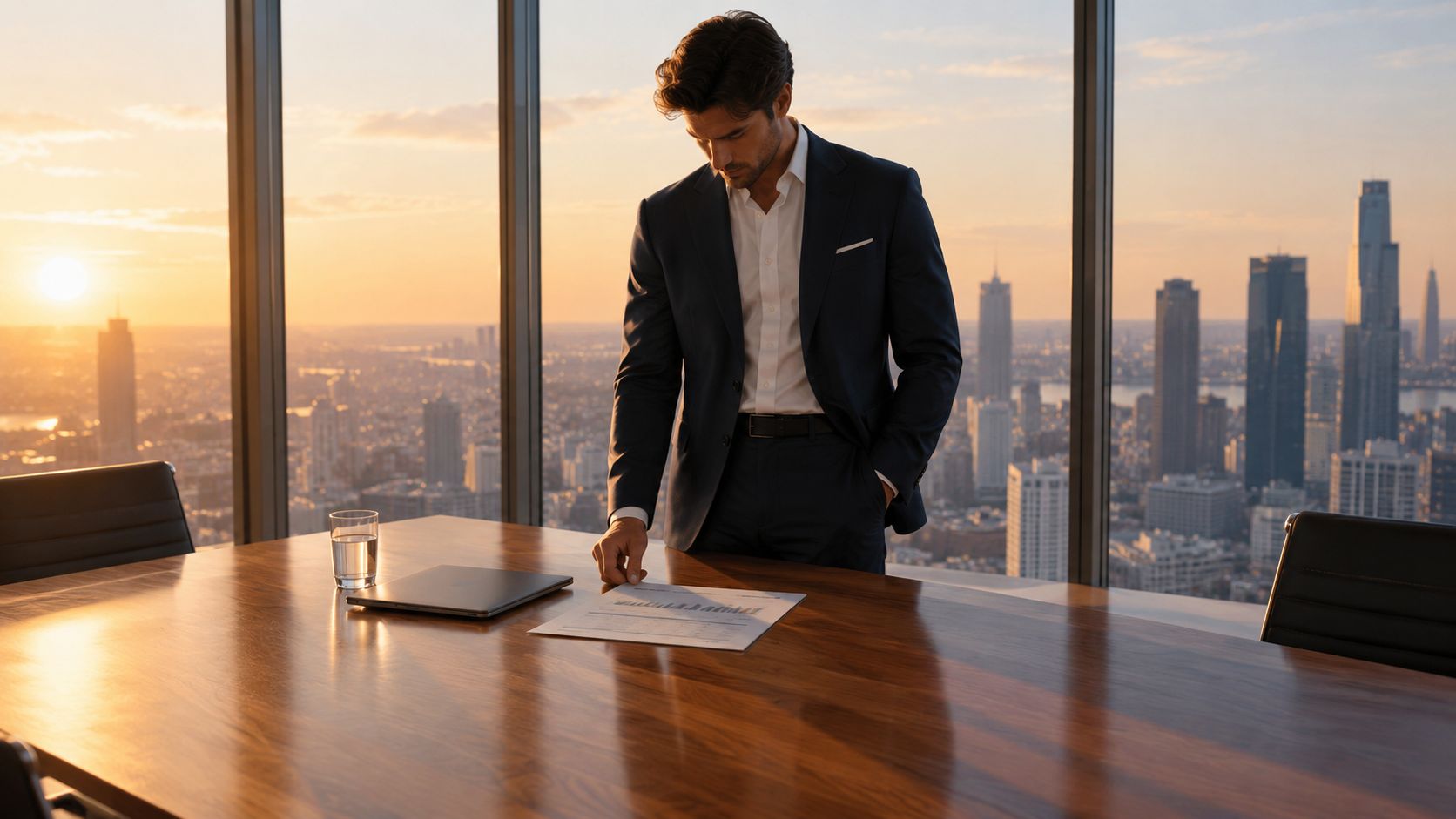A professional man in a business suit reviewing financial documents in an office overlooking a sunset cityscape.