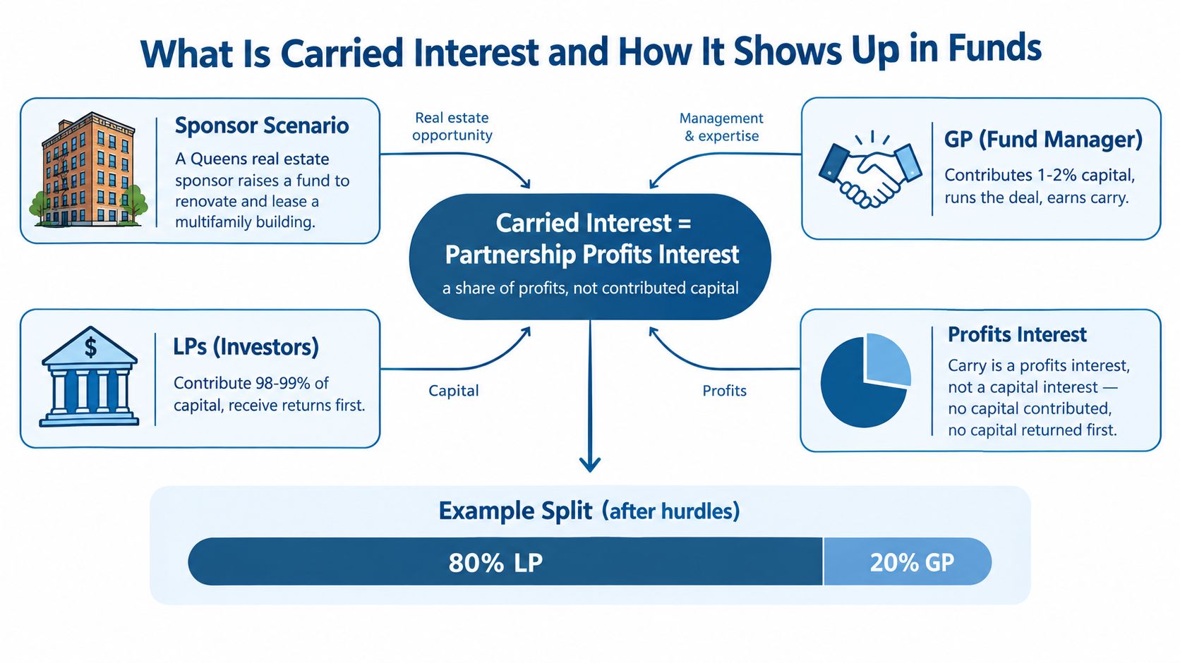 A diagram explaining carried interest in real estate funds, showing the roles of LPs, GPs, and profit distribution.