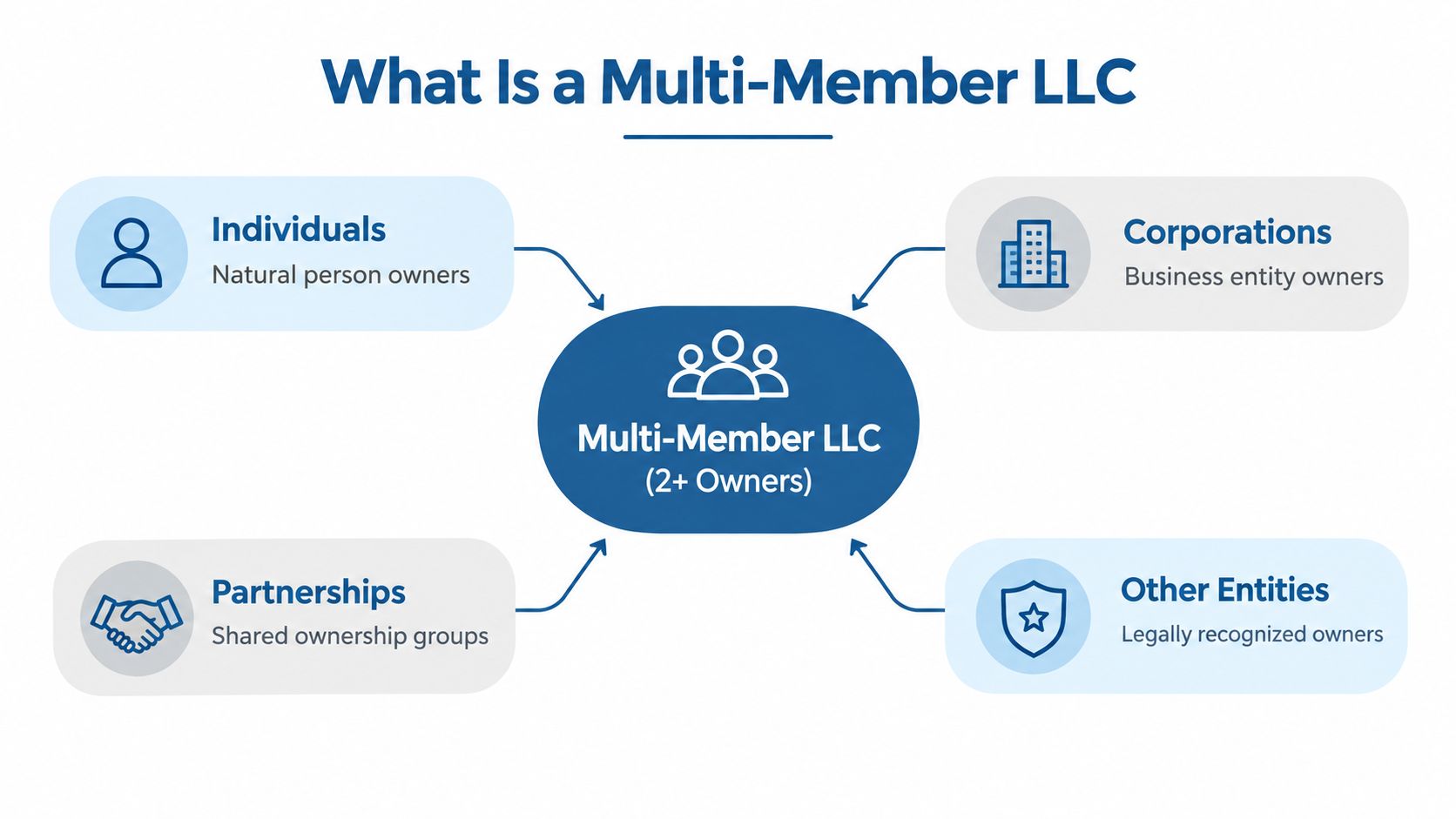 A diagram illustrating that a multi-member LLC consists of two or more owners, including individuals and entities.
