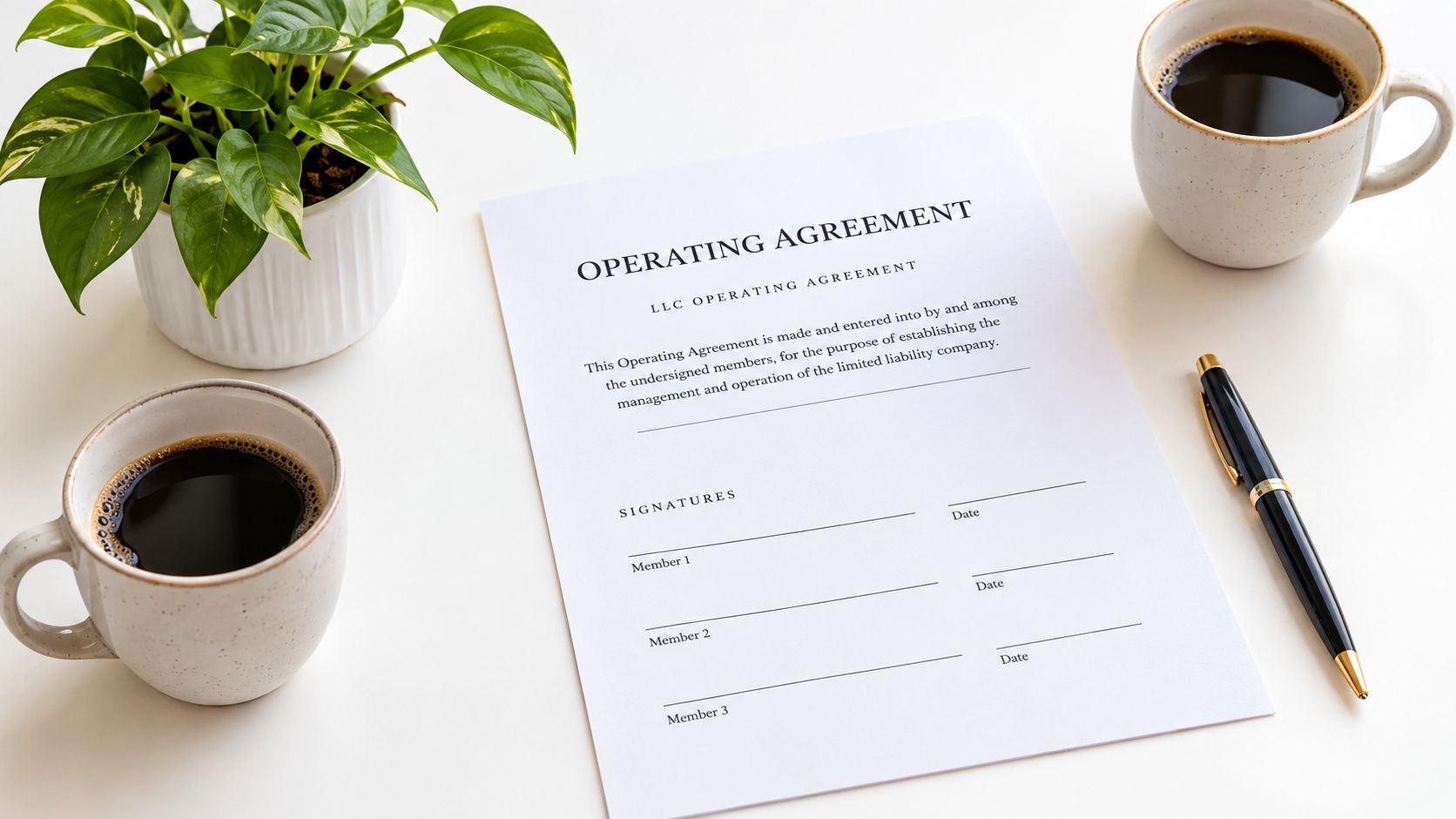 A printed LLC Operating Agreement document on a white desk with two coffee cups and a plant.
