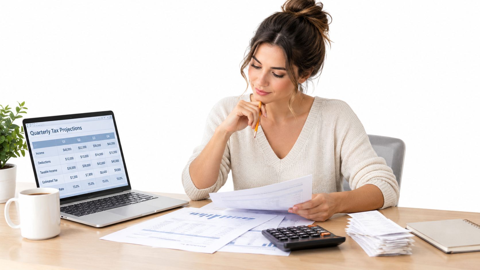 A woman reviewing financial tax documents and laptop projections at her wooden office desk.